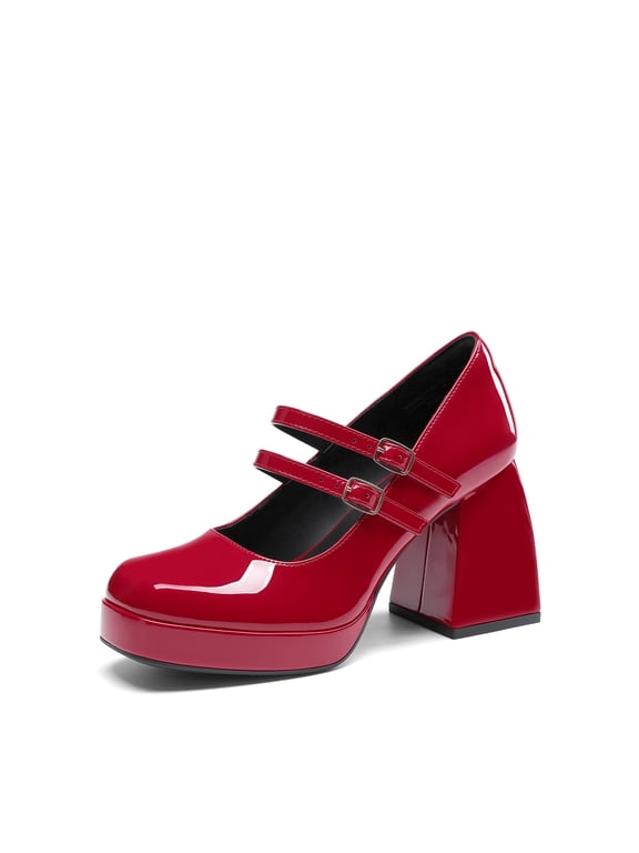 Women's Y2K Double Strap Platform Mary Jane Heels with Square Toe and Chunky Block Heel