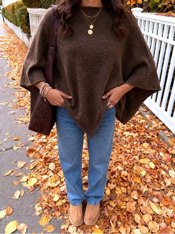 Women's Y2K Elegant Oatmeal Beige Asymmetrical Hem Cape Shawl Pullover Sweater, Batwing Sleeves, Autumn/Winter Back To School Outfit