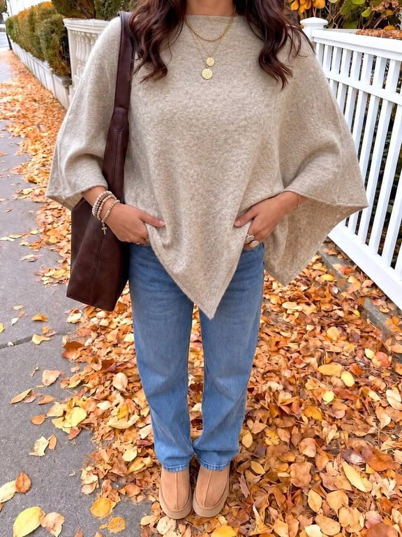 Women's Y2K Elegant Oatmeal Beige Asymmetrical Hem Cape Shawl Pullover Sweater, Batwing Sleeves, Autumn/Winter Back To School Outfit