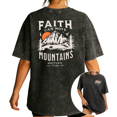 thumbnail image 1 of Women's Y2K Faith Can Move Mountains Retro Mountain Sunset Bible Short Sleeve Washed Tee Black S-2XL Plus Size, 1 of 5
