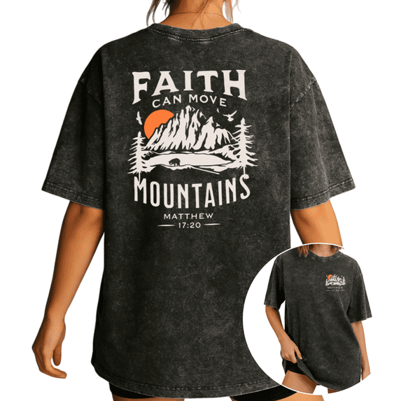 Women's Y2K Faith Can Move Mountains Retro Mountain Sunset Bible Short Sleeve Washed Tee Black S-2XL Plus Size