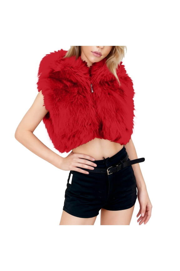 Women's Y2K Faux Fur Cropped Vest - Hooded Sleeveless Fluffy Festival Outerwear, Luxury Shaggy Solid Color Costume Party Vest