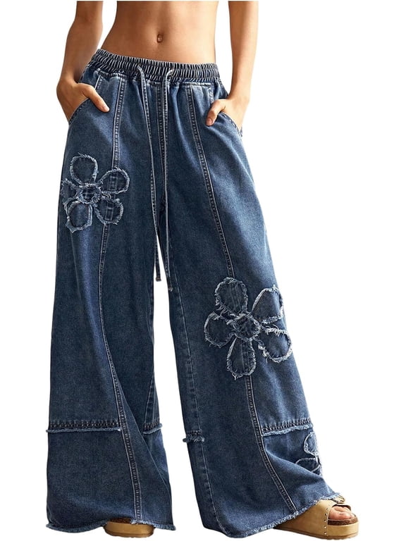 Women's Y2K Floral Wide Leg Jeans, Baggy Denim Pants with Drawstring Elastic Waist & Pockets, Low Rise Boho Trousers
