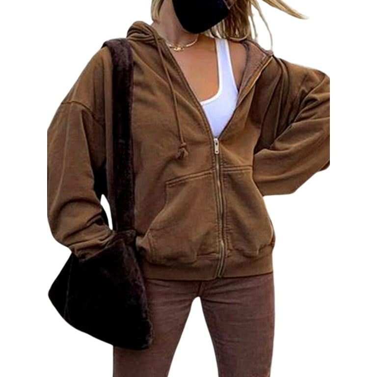 Women s Y2K Full Zip Up Hoodies Jacket Long Sleeve Plain Loose Fit