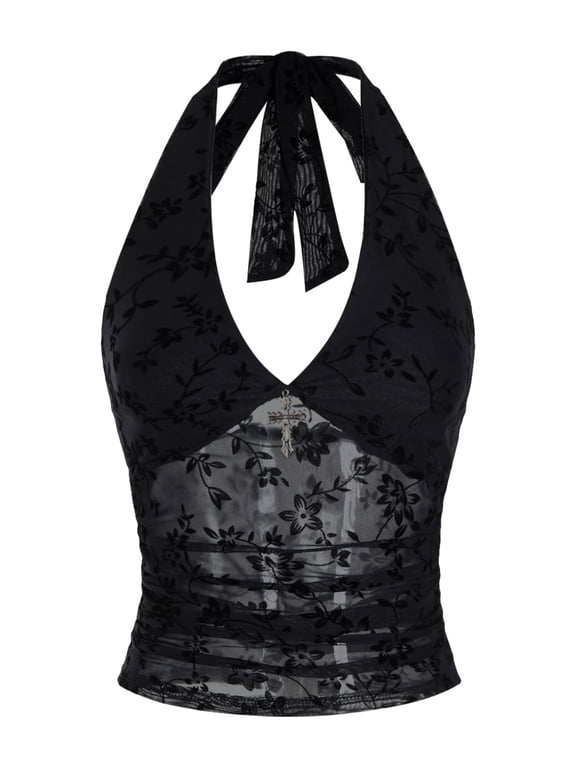 Women's Y2K Grunge Goth Halter Top, Mesh Sheer Sleeveless Tank Top, Cross Decor Lace Slim Fit Camisole for Rave Nightclub Daily Layering