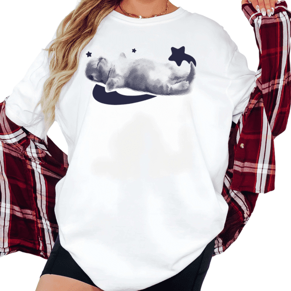 Women's Y2K Halftone Cat Planet Star Graphic Comfortable T Shirt Casual Short Sleeve Round Neck Top White S-5XL