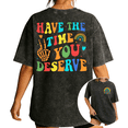 thumbnail image 1 of Women's Y2K Have The Time You Deserve Skeleton Hand Rainbow Graphic Short Sleeve Washed Tee Black S-2XL Plus Size, 1 of 5