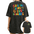 thumbnail image 1 of Women's Y2K Have The Time You Deserve Skeleton Hand Rainbow Graphic Short Sleeve Washed Tee Black S-2XL Plus Size, 1 of 5