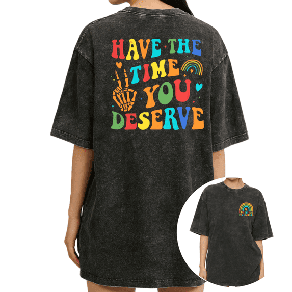 Women's Y2K Have The Time You Deserve Skeleton Hand Rainbow Graphic Short Sleeve Washed Tee Black S-2XL Plus Size