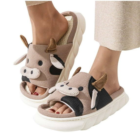 Women's Y2K Kawaii Linen House Slippers Coquette 3D Cartoon Cow Fleece Slippers Cottagecore Leaky Toe Fluffy Shoes Funny Slipper Cow Stuff Gifts