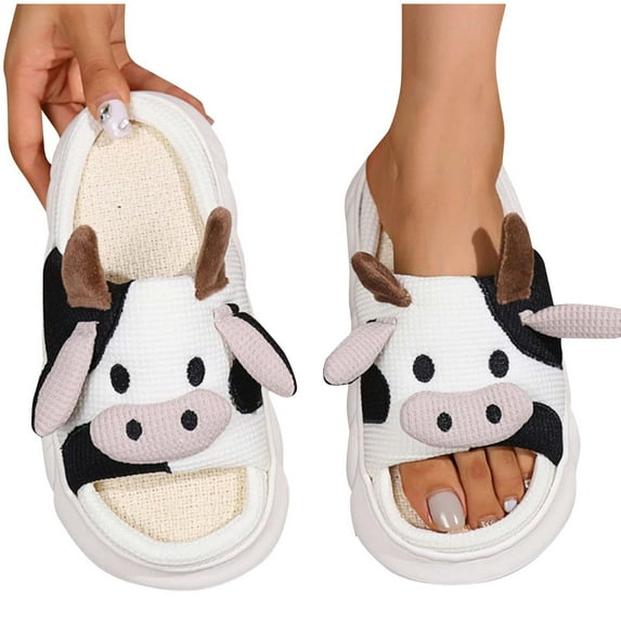 Women's Y2K Kawaii Linen House Slippers Coquette 3D Cartoon Cow Fleece Slippers Cottagecore Leaky Toe Fluffy Shoes Funny Slipper Cow Stuff Gifts