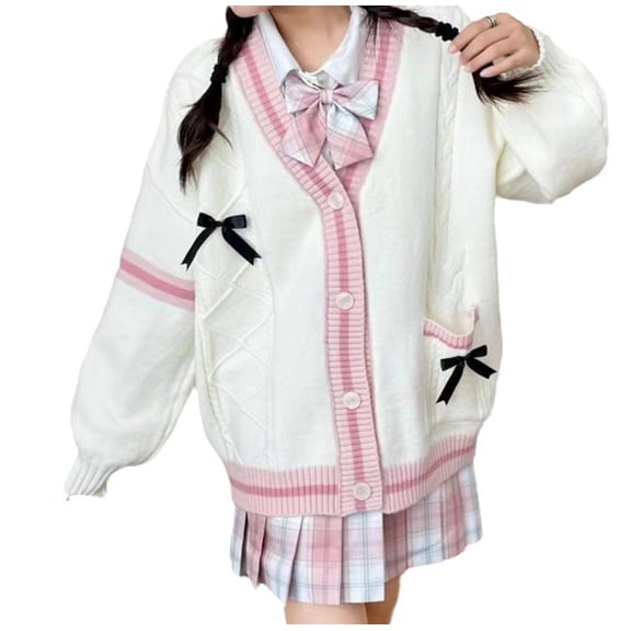 Women's Y2K Knit Cardigans Bow Tie Button Down Long Sleeve Cardigans Cute Kawaii V-Neck Oversize Sweater