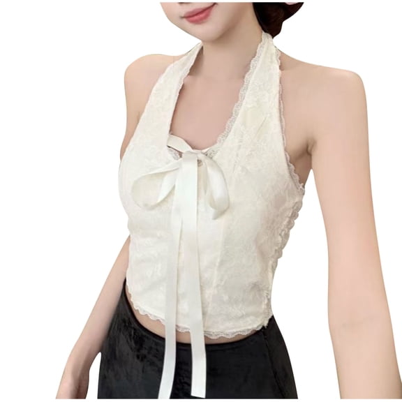 Women's Y2K Lace Trim Halter Tank Top - Sexy V Neck Backless Crop Top Tie Front Camis Sleeveless Summer Going Out Streetwear Casual Slim Fit Tee