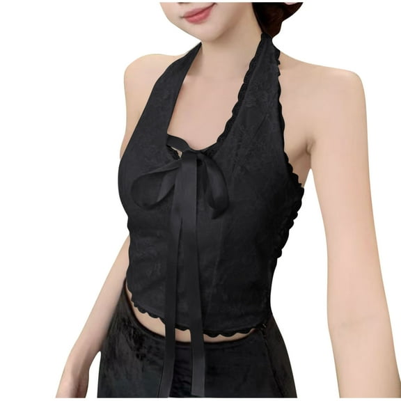 Women's Y2K Lace Trim Halter Tank Top - Sexy V Neck Backless Crop Top Tie Front Camis Sleeveless Summer Going Out Streetwear Casual Slim Fit Tee