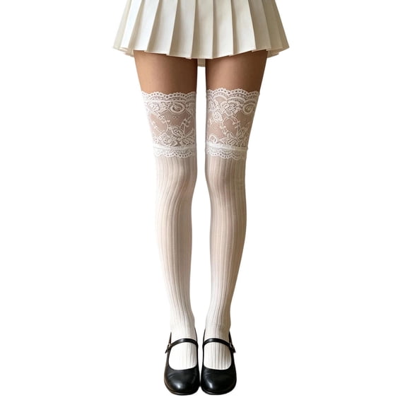 Women's Y2K Lace Trim Over-the-Knee Socks Ribbed Thigh High Stockings (1 Pair)