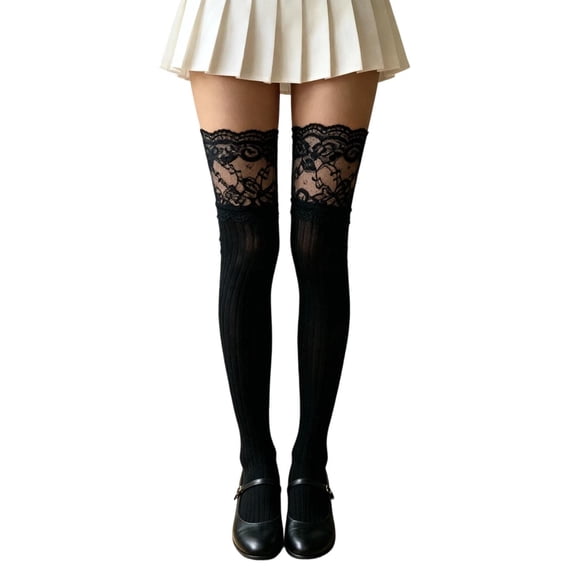 Women's Y2K Lace Trim Over-the-Knee Socks Ribbed Thigh High Stockings (1 Pair)
