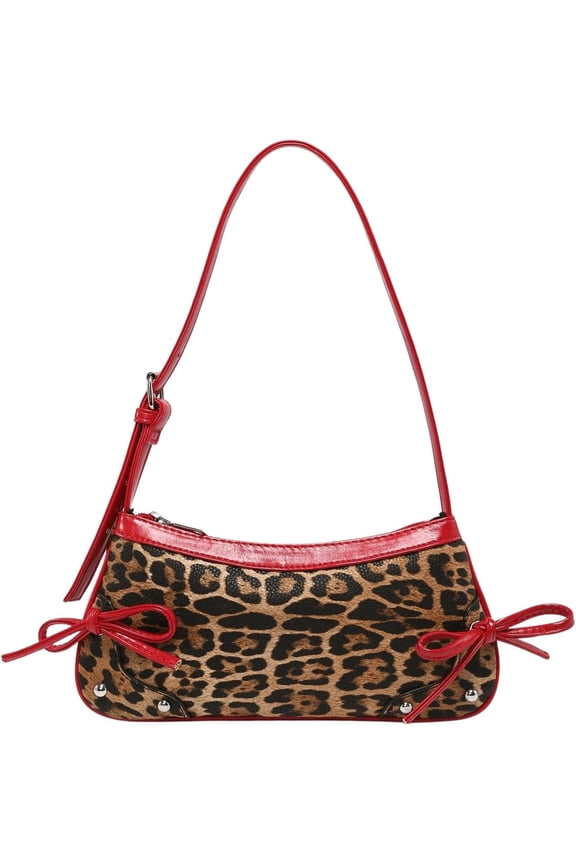 Women's Y2K Leopard Print Handbag with Top Bow Detail Top-Handled, Underarm, and Single-Shoulder Bag