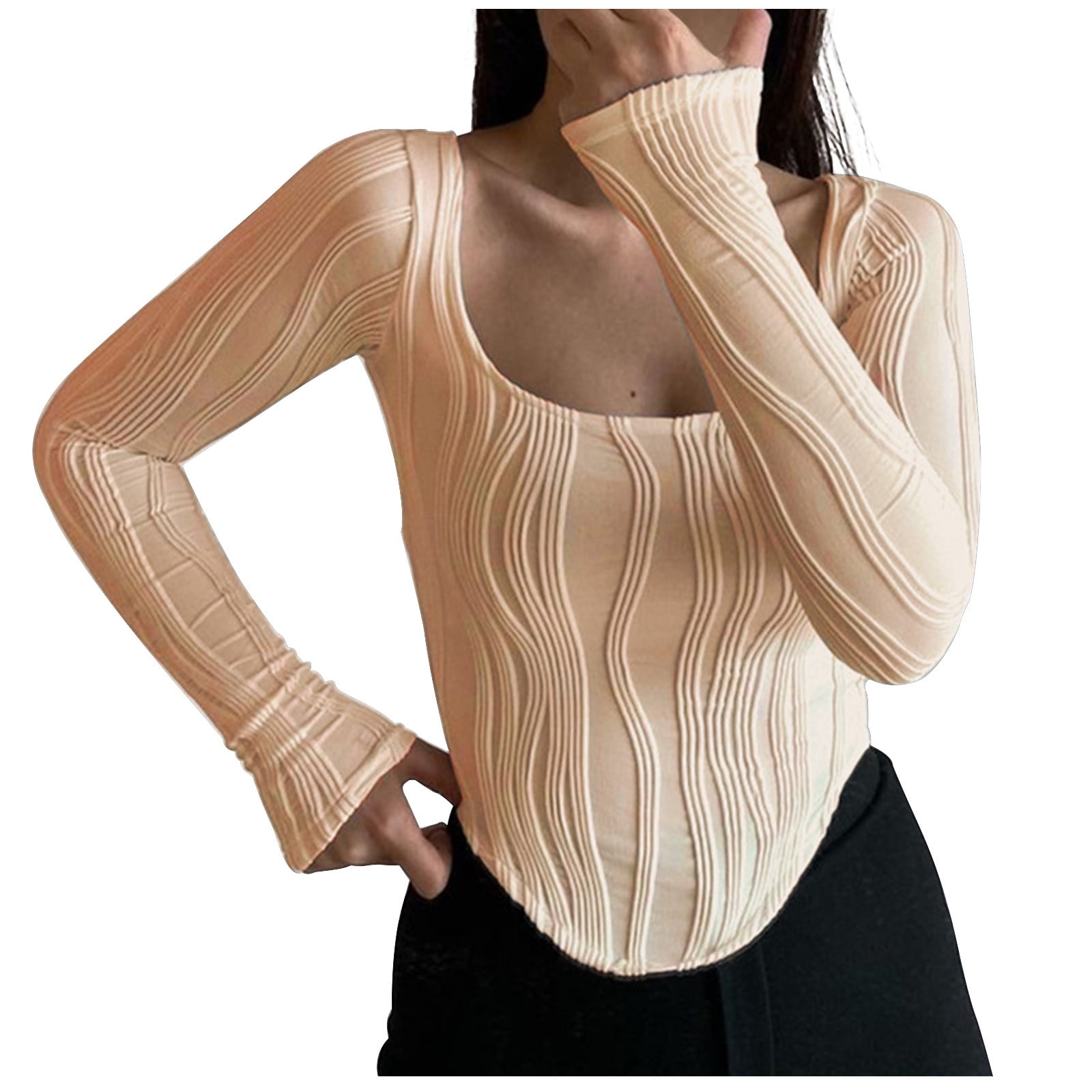 Women's Y2K Long Sleeve Corset Tops Square Neck Ribbed Knit Slim Fitted — free download