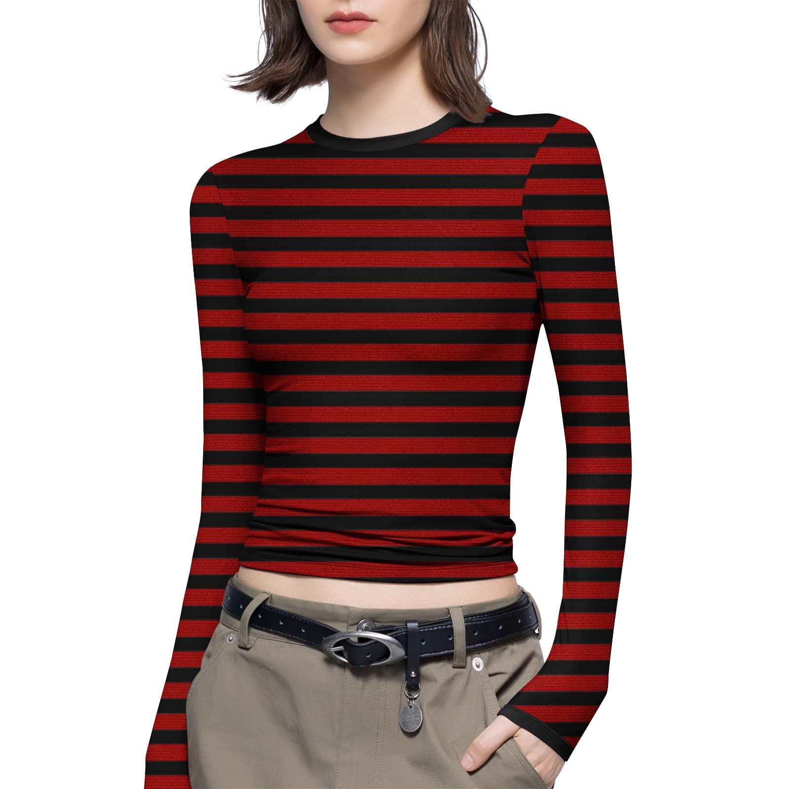 トップス W Vintage long sleeve set tee OVY KAJA Women's Y2K Long Sleeve Crop Top Stripe Crew Neck Tee Top Sexy 90s