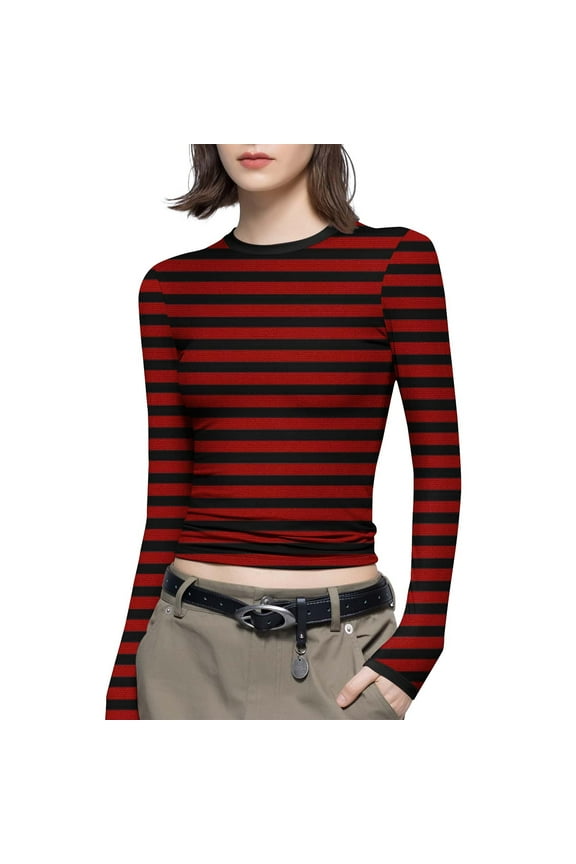 Women's Y2K Long Sleeve Crop Top Stripe Crew Neck Tee Top Sexy 90s Slim Fit Vintage Blouses Slim Fit Streetwear