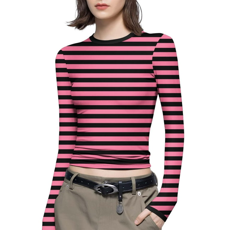 Women's Y2K Long Sleeve Crop Top Stripe Crew Neck Tee Top Sexy 90s