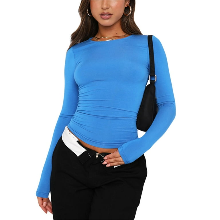 Women's Y2K Long Sleeve Crop Tops Scoop Neck Slim Fit T-Shirt