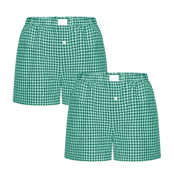 Women's Y2K Lounge Shorts Casual Soft Elastic Low Waist Plaid Print Button Front Pajama Baggy Boxers Sleepwear,2PC Green,3XL