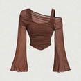 thumbnail image 1 of Women's Plus Size 2 in 1 Off Shoulder T Shirt Ruched Sheer Bell Long Sleeve Tee, Casual Slim Fit Going Out Y2k Shirts Blouses(Brown,L), 1 of 7