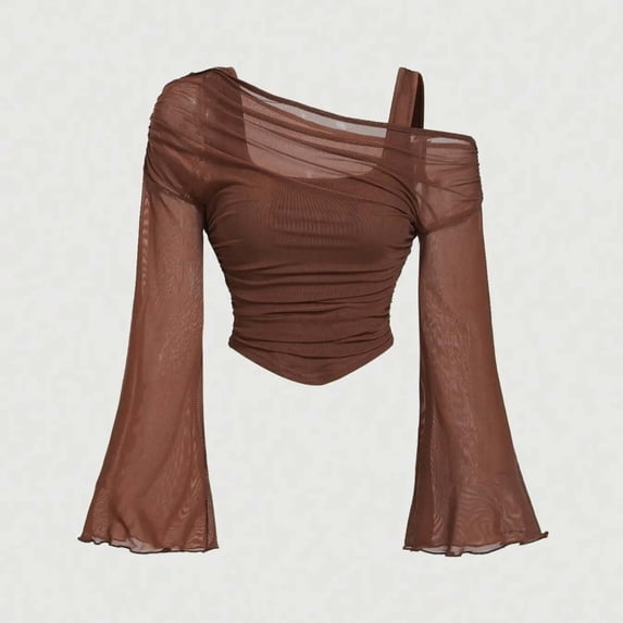Women's Plus Size 2 in 1 Off Shoulder T Shirt Ruched Sheer Bell Long Sleeve Tee, Casual Slim Fit Going Out Y2k Shirts Blouses(Brown,L)