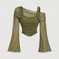 thumbnail image 1 of Women's Plus Size 2 in 1 Off Shoulder T Shirt Ruched Sheer Bell Long Sleeve Tee, Casual Slim Fit Going Out Y2k Shirts Blouses(Green,XXL), 1 of 7