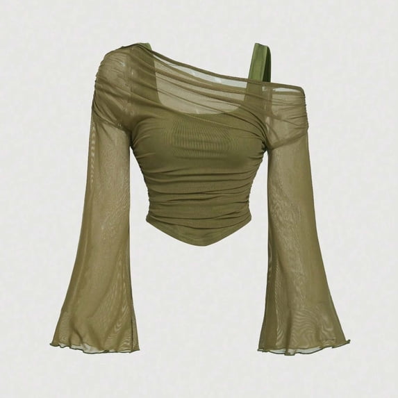 Women's Plus Size 2 in 1 Off Shoulder T Shirt Ruched Sheer Bell Long Sleeve Tee, Casual Slim Fit Going Out Y2k Shirts Blouses(Green,XXL)