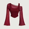 thumbnail image 1 of Women's Plus Size 2 in 1 Off Shoulder T Shirt Ruched Sheer Bell Long Sleeve Tee, Casual Slim Fit Going Out Y2k Shirts Blouses(Red,XXL), 1 of 6