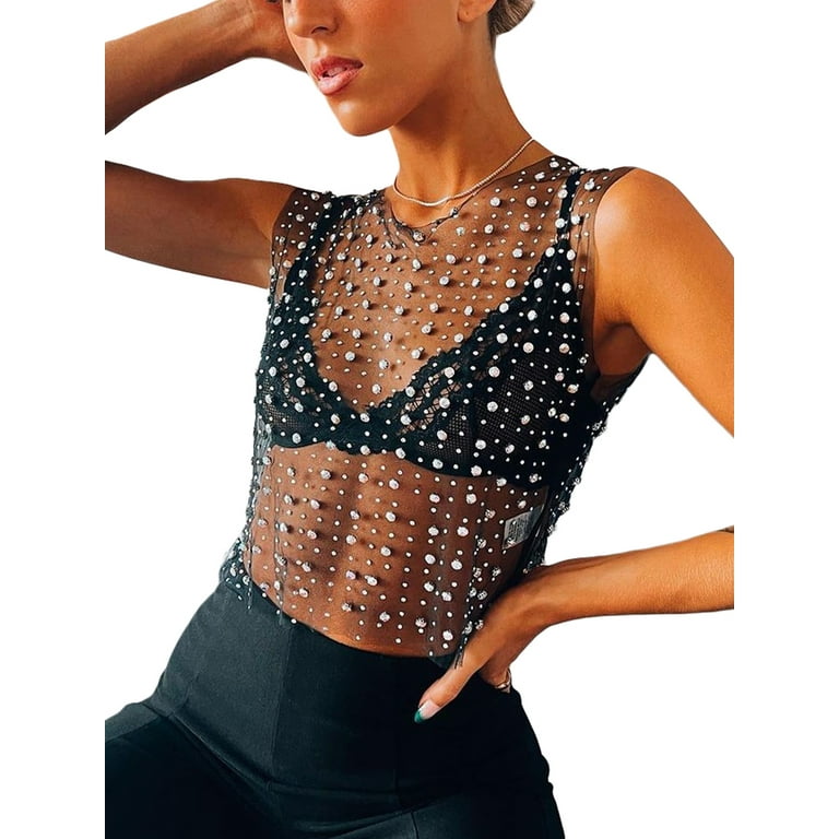 Women's Y2K Pearl Rhinestone Mesh Sheer Crop Tops Sequin Sleeveless See  Through T-Shirts Cover Up Streetwear 