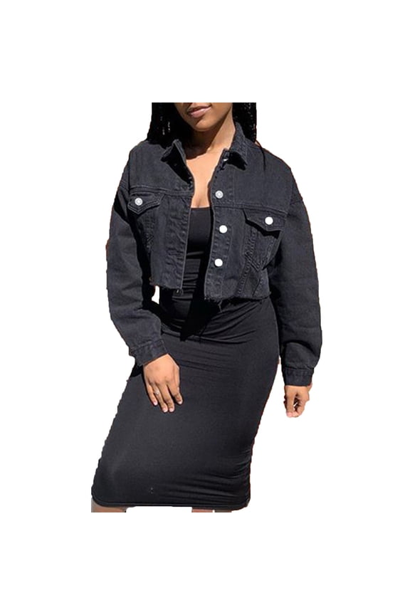 Women's Y2K Retro Cropped Denim Jacket - Frayed Hem Long Sleeve Lapel Button-Down Outfit, Soft Skin-Friendly Distressed Crop Jeans Coat for Casual Work Dating