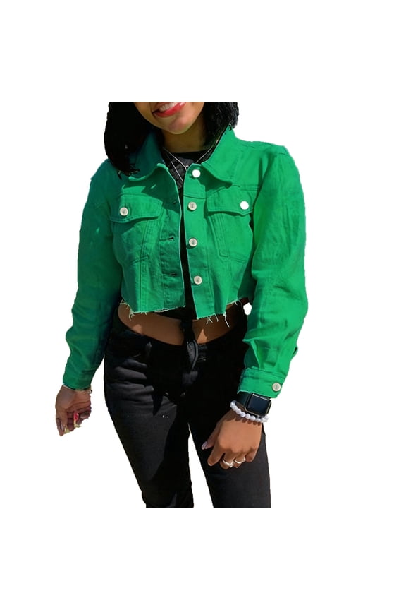 Women's Y2K Retro Cropped Denim Jacket - Frayed Hem Long Sleeve Lapel Button-Down Outfit, Soft Skin-Friendly Distressed Crop Jeans Coat for Casual Work Dating