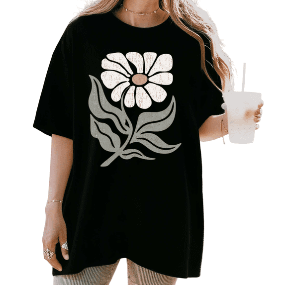 Women's Y2K Retro Daisy Flower Graphic Comfortable Tee Casual Vintage Boho Short Sleeve Round Neck Top Black S-5XL