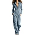thumbnail image 1 of Women's Y2K Retro Velvet Zip Front Jumpsuits Stand Collar Long Sleeve Wide Leg Flowy Pants Romper with Pockets Loungewear Street Outfit Light Blue, 1 of 8