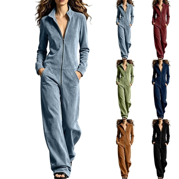 Women's Y2K Retro Velvet Zip Front Jumpsuits Stand Collar Long Sleeve Wide Leg Flowy Pants Romper with Pockets Loungewear Street Outfit Wine