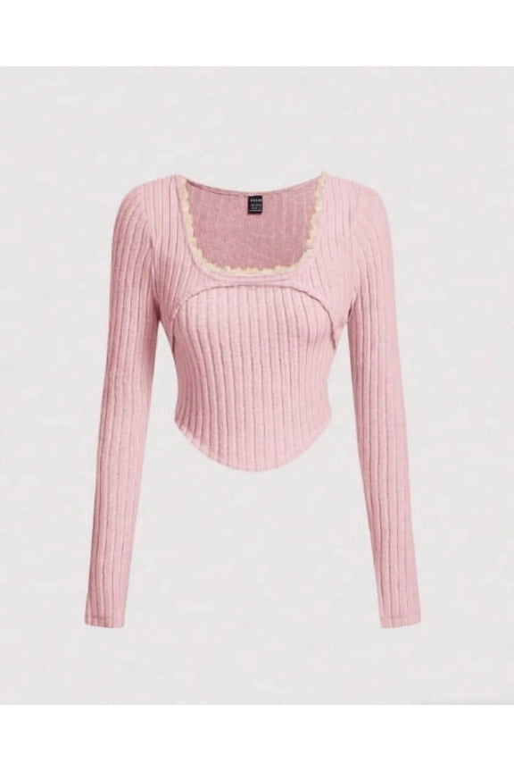 Women's Y2K Ribbed Knit Long Sleeve Crop Top Square Neck Lace Patchwork Bow Slim Fit Fairy Going Out Tee