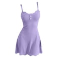 thumbnail image 1 of Women's Y2K Spaghetti Strap Mini Sundress Vertical Ribbed Knit Scalloped Lace Neck & Hem Henley Two Button Slim Flared A-Line Cami Dress for Summer Beach Club Streetwear Purple M, 1 of 4