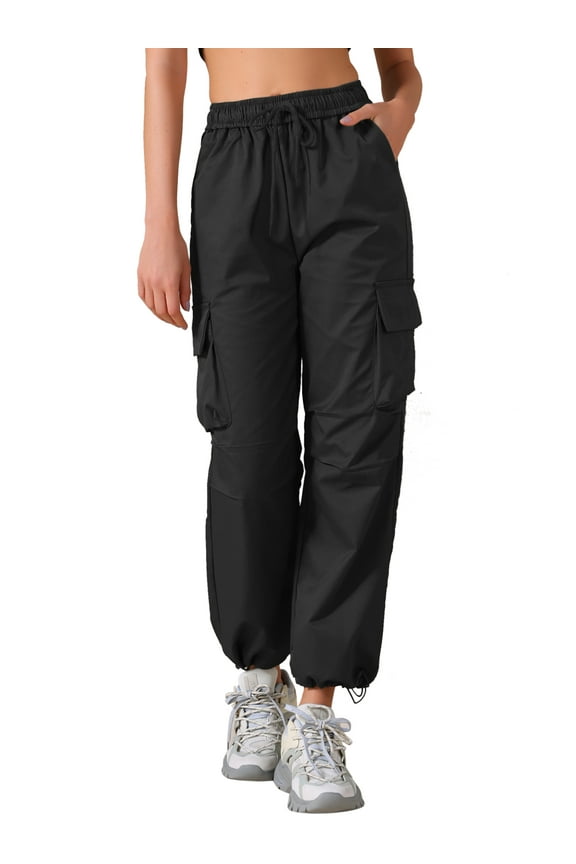 Women's Y2K Streetwear High Waisted Pockets Casual Long Cargo Pants Trousers L Black