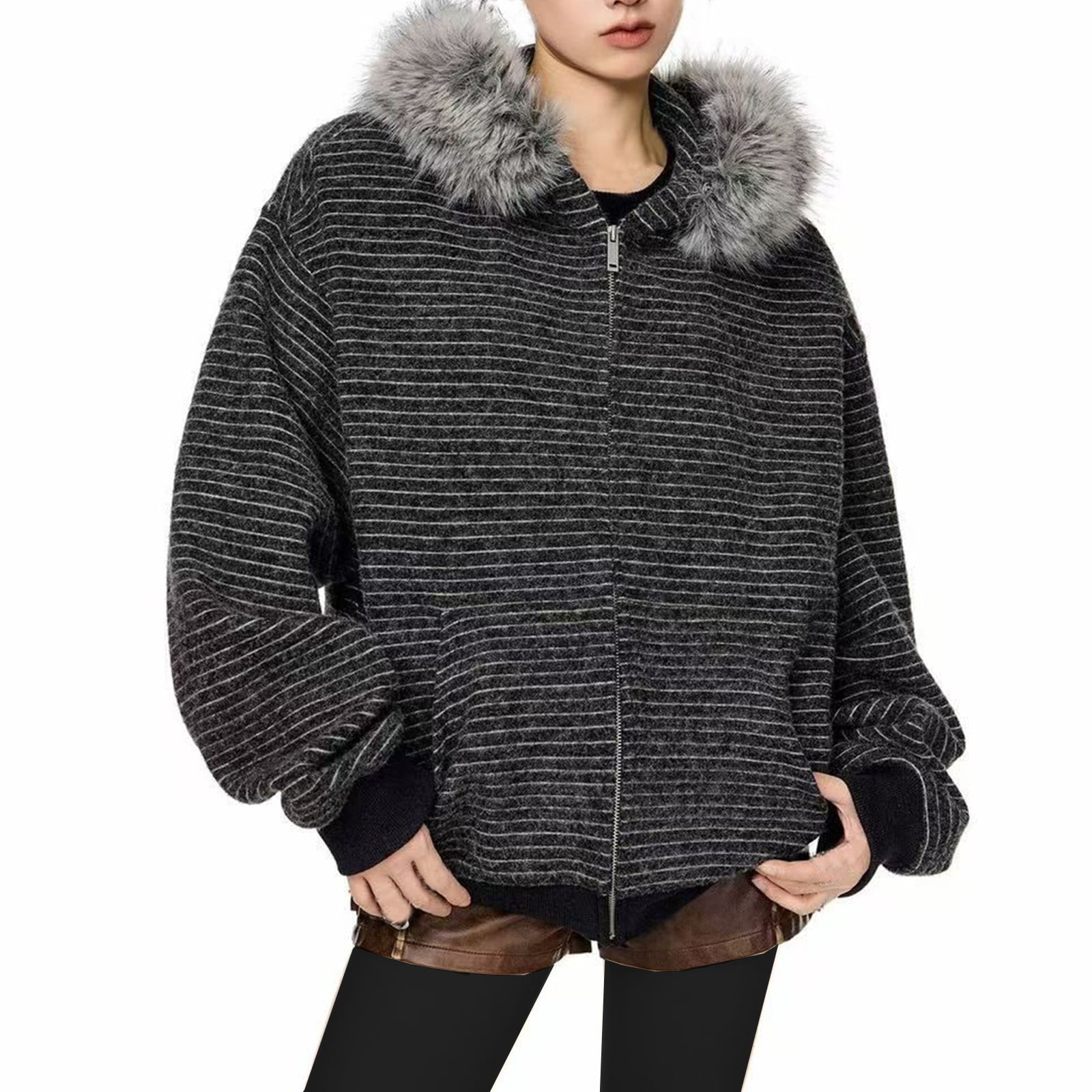 Women-s-Y2K-Striped-Faux-Fur-