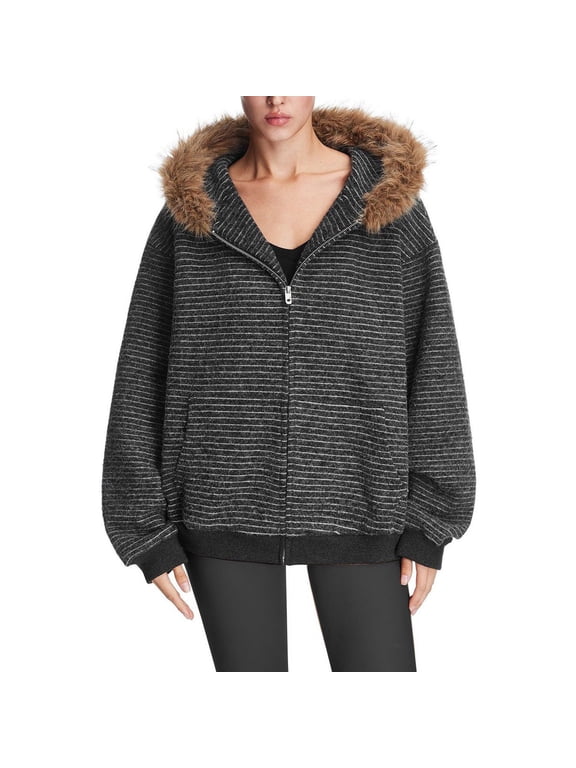 Women's Y2K Striped Faux Fur Collar Zip-Up Hoodie - Vintage Streetwear Fuzzy Knit Jacket, Loose Edgy Outdoor with Pockets