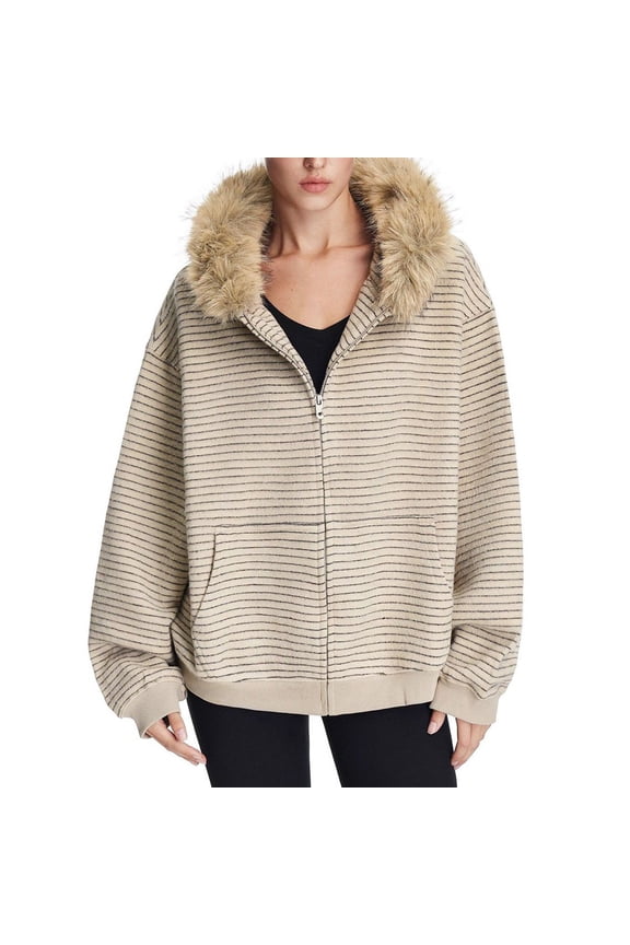 Women's Y2K Striped Faux Fur Collar Zip-Up Hoodie - Vintage Streetwear Fuzzy Knit Jacket, Loose Edgy Outdoor with Pockets