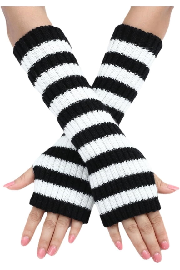 Women's Y2K Striped Sleeve Covers Long Fingerless Knit Gloves Punk Goth Alternative Style Cool Winter Sleeve Accessory