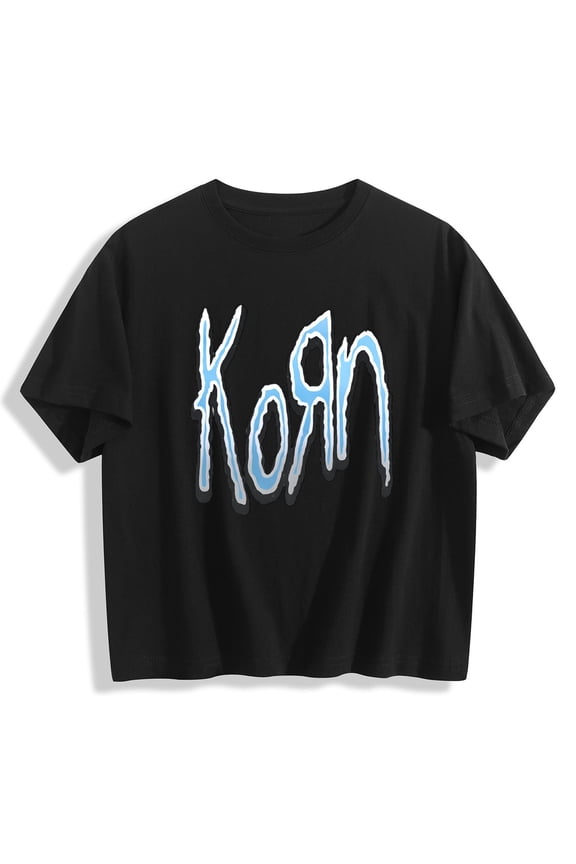 Women's Y2K Style Korn Logo Print Cropped Crew Neck T - Shirt, Trendy Short Sleeve Casual Crop Top