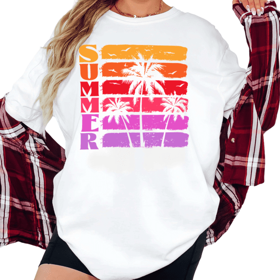 Women's Y2K Summer Retro Palm Tree Sunset Graphic Breathable Tee Casual Short Sleeve Round Neck Top White S-5XL