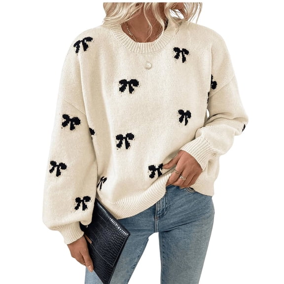 Women's Y2K Sweater Cozy Fall Sweaters Knit Crewneck Long Sleeve Drop Shoulder Pullovers Milky White M