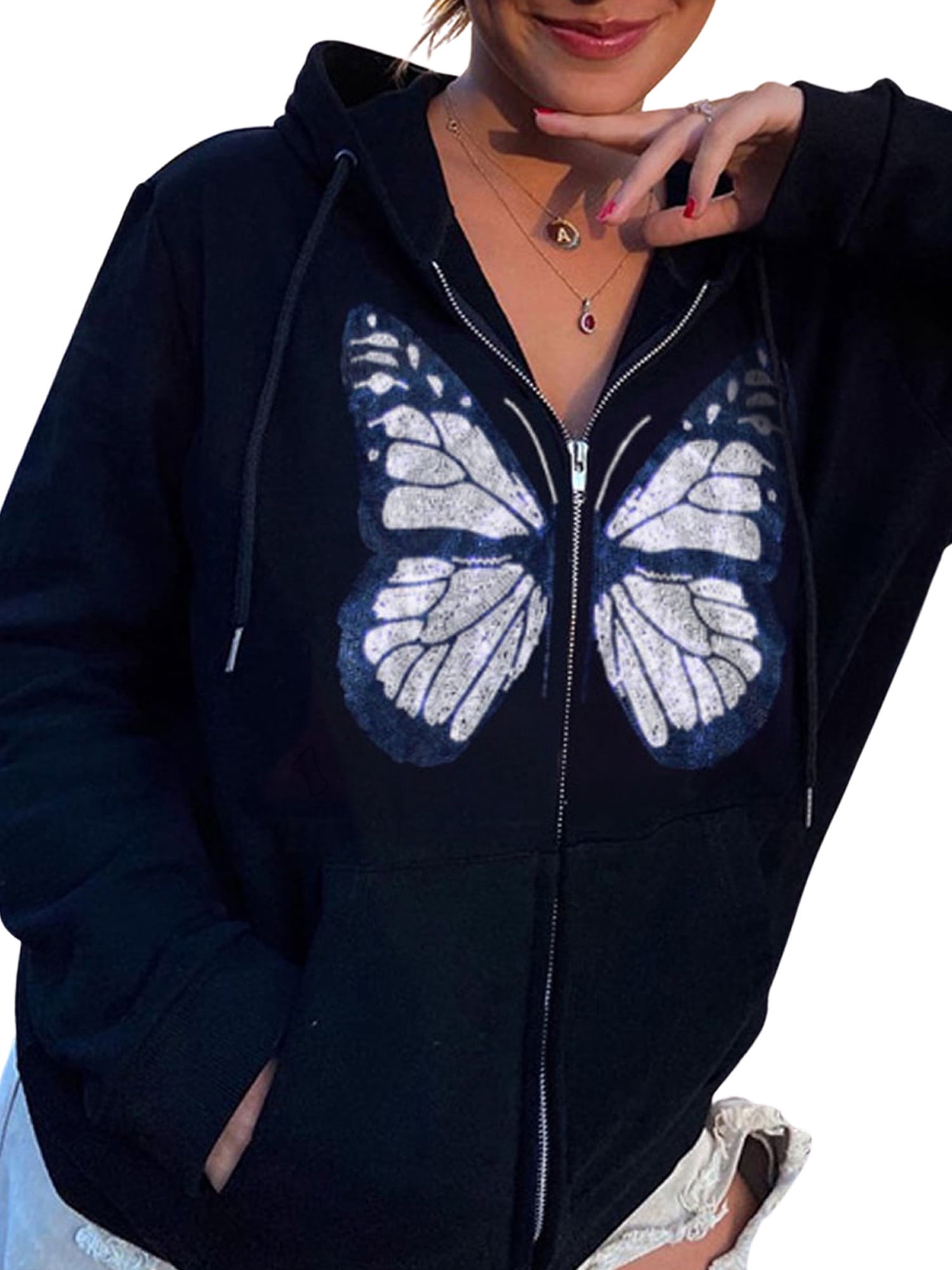 Women 's Y2K Sweatshirt Oversized Butterfly Hoodies Pullover Zip Up Long  Sleeve Jackets E-Girl 90s Streetwear - Walmart.com