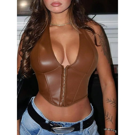 Women's Y2K V-Neck Grommet Eyelet Front Lace-Up Backless PU Leather Halter Corset Shapewear Tank Top